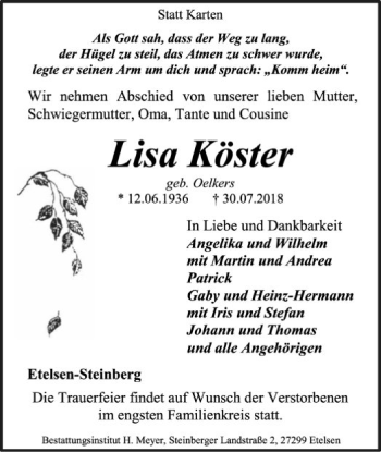 Traueranzeige von Lisa Köster von SYK