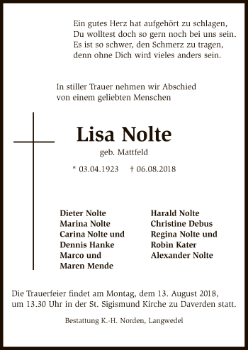 Traueranzeige von Lisa Nolte von SYK