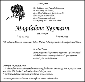 Traueranzeige von Magdalene Reymann von SYK