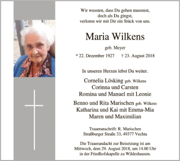 Traueranzeige von Maria Wilkens von SYK