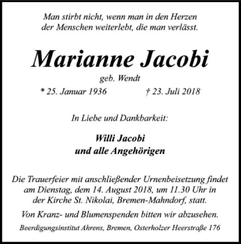 Traueranzeige von Marianne Jacobi von SYK