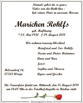 Traueranzeige von Mariechen Rohlfs von SYK