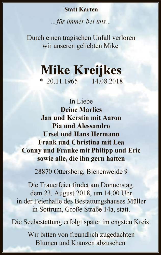  Traueranzeige für Mike Kreijkes vom 18.08.2018 aus SYK