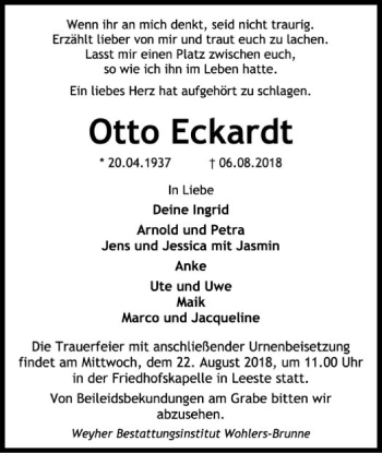 Traueranzeige von Otto Eckardt von SYK