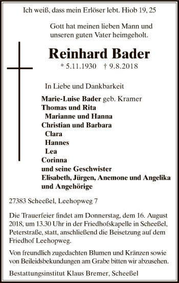 Traueranzeige von Reinhard Bader von SYK