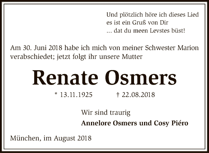  Traueranzeige für Renate Osmers vom 25.08.2018 aus SYK