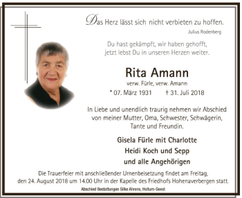 Traueranzeige von Rita Amann von SYK