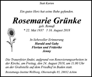 Traueranzeige von Rosemarie Grünke von SYK