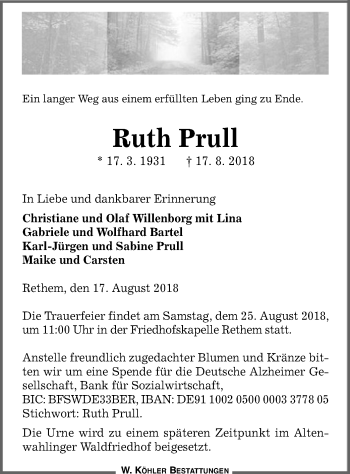 Traueranzeige von Ruth Prull von SYK