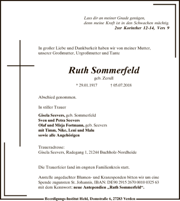 Traueranzeige von Ruth Sommerfeld von SYK