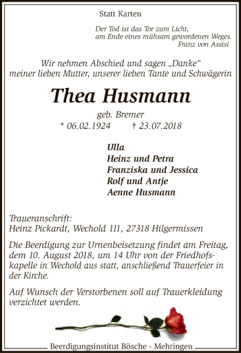 Traueranzeige von Thea Husmann von SYK