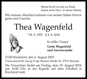 Traueranzeige von Thea Wagenfeld von SYK