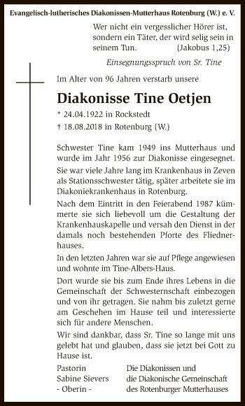 Traueranzeige von Tine Oetjen von SYK