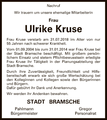 Traueranzeige von Ulrike Kruse von SYK