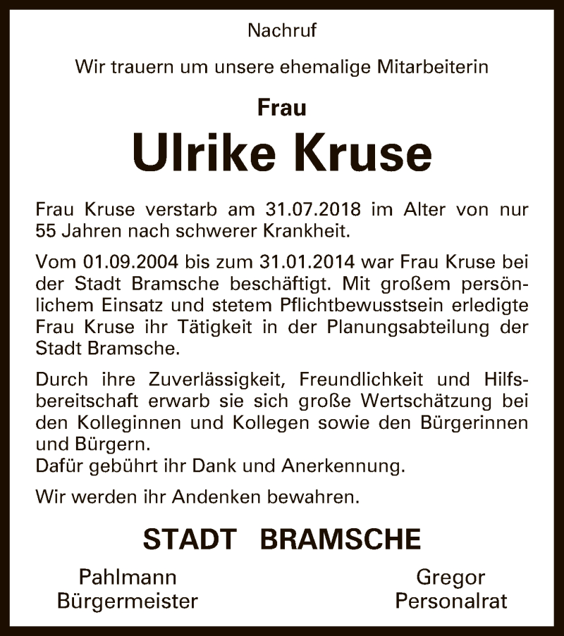  Traueranzeige für Ulrike Kruse vom 04.08.2018 aus SYK