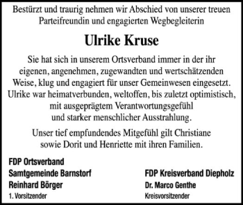 Traueranzeige von Ulrike Kruse von SYK