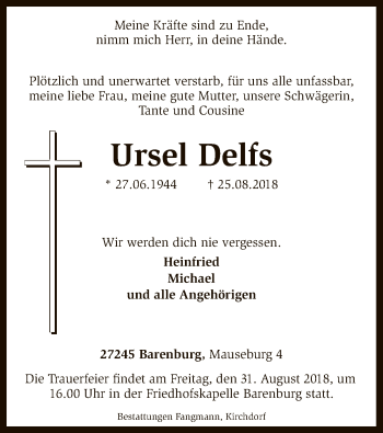 Traueranzeige von Ursel Delfs von SYK