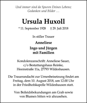 Traueranzeige von Ursula Huxoll von SYK