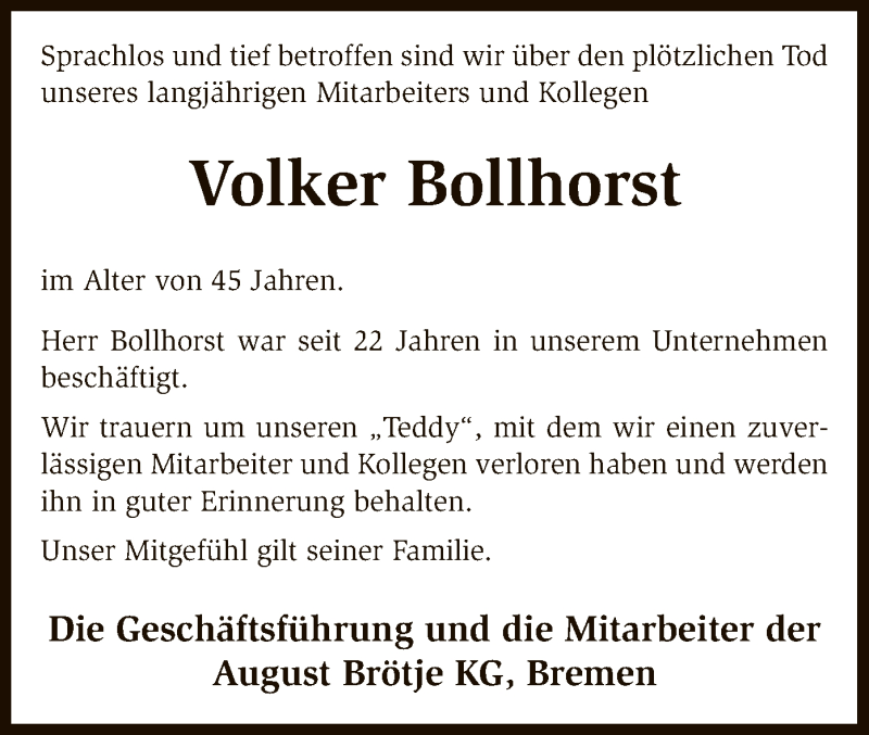  Traueranzeige für Volker Bollhorst vom 04.08.2018 aus SYK