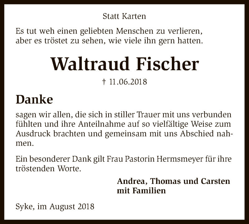  Traueranzeige für Waltraud Fischer vom 04.08.2018 aus SYK