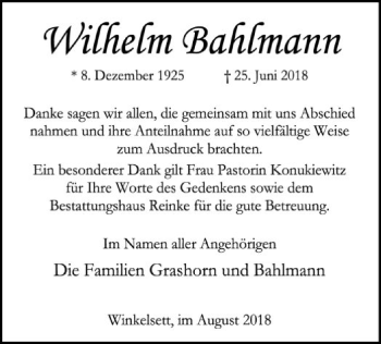 Traueranzeige von Wilhelm Bahlmann von SYK