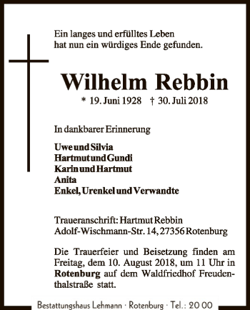 Traueranzeige von Wilhelm Rebbin von SYK