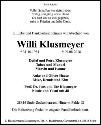 Traueranzeige von Willi Klusmeyer von SYK