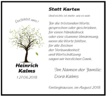 Traueranzeige von Heinrich Kalms 