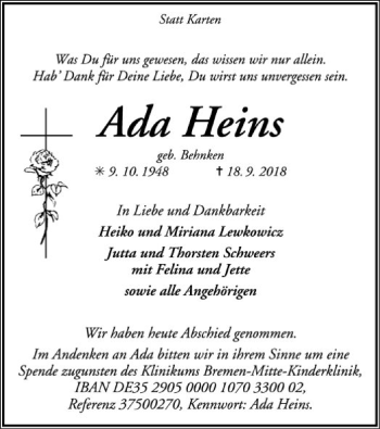 Traueranzeige von Ada Heins von SYK