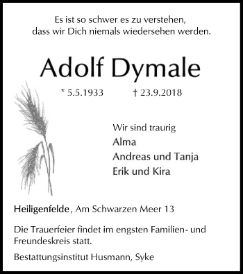 Traueranzeige von Adolf Dymale von SYK