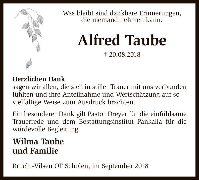  Traueranzeige für Alfred Taube vom 29.09.2018 aus SYK