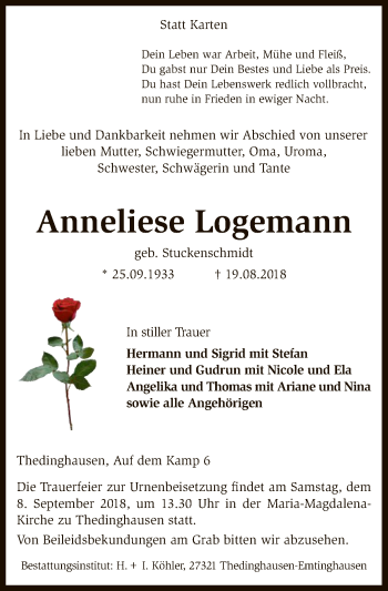 Traueranzeige von Anneliese Logemann von SYK