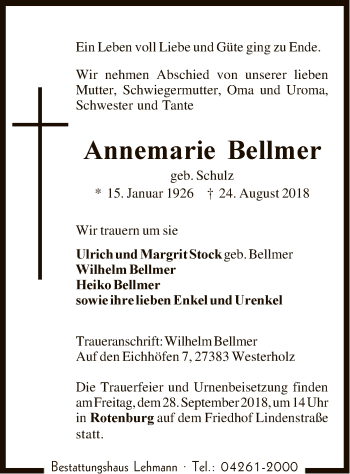 Traueranzeige von Annemarie Bellmer von SYK