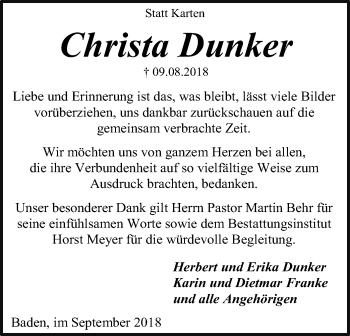 Traueranzeige von Christa Dunker von SYK