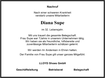 Traueranzeige von Diana Supe von SYK