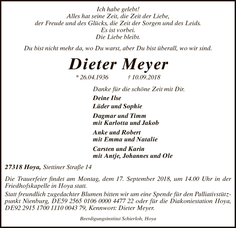  Traueranzeige für Dieter Meyer vom 12.09.2018 aus SYK