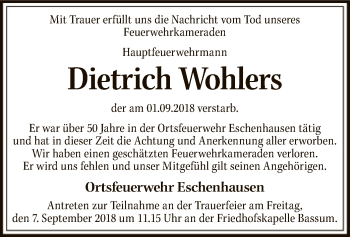 Traueranzeige von Dietrich Wohlers von SYK