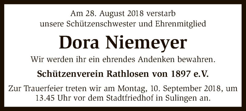  Traueranzeige für Dora Niemeyer vom 05.09.2018 aus SYK