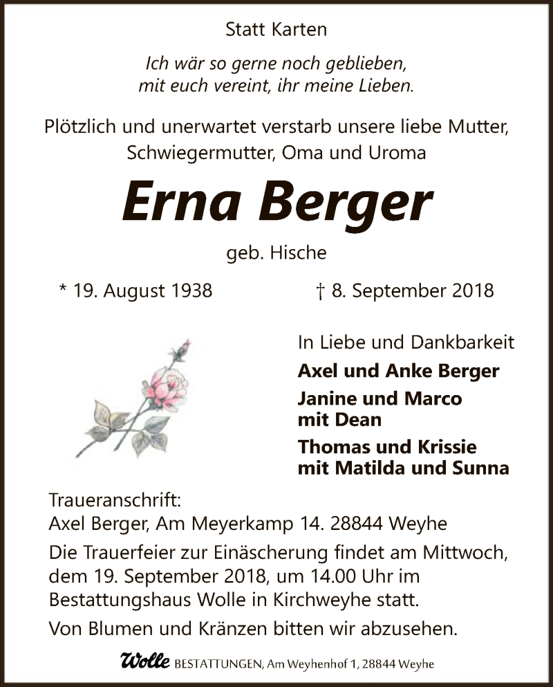  Traueranzeige für Erna Berger vom 13.09.2018 aus SYK