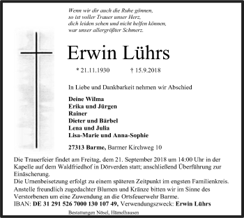 Traueranzeige von Erwin Lührs von SYK