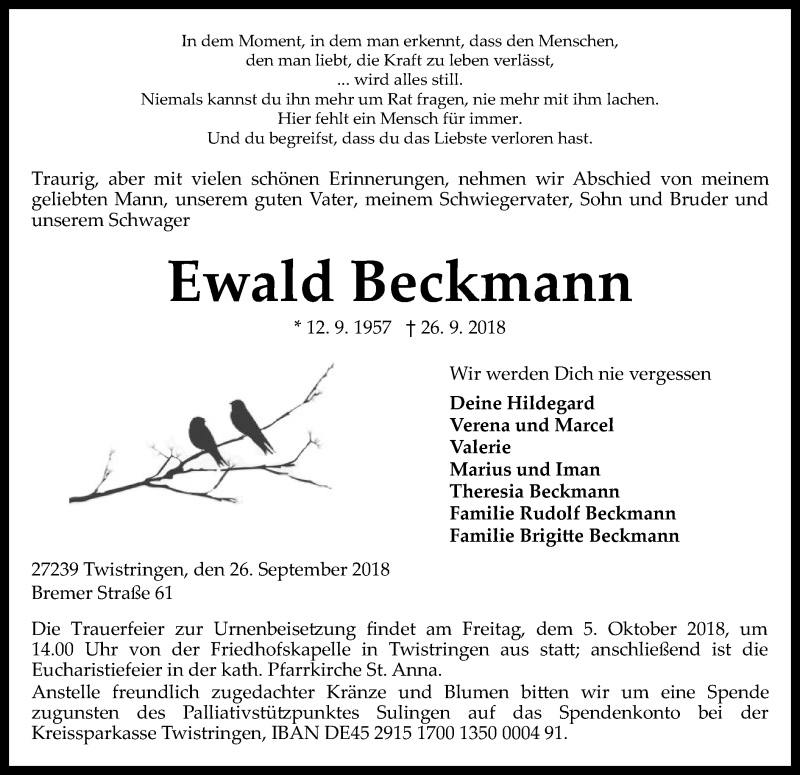  Traueranzeige für Ewald Beckmann vom 29.09.2018 aus SYK