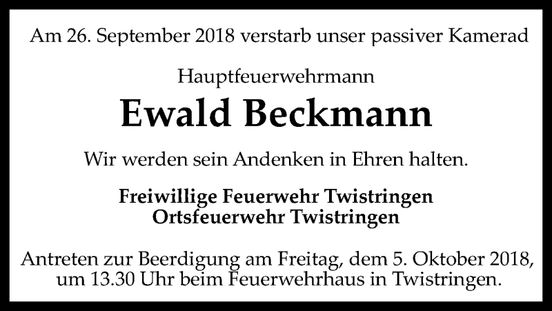  Traueranzeige für Ewald Beckmann vom 29.09.2018 aus SYK