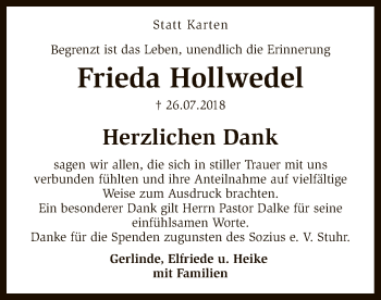 Traueranzeige von Frieda Hollwedel von SYK