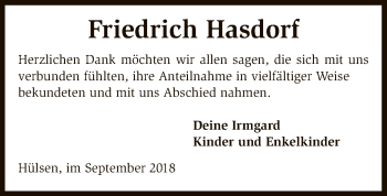 Traueranzeige von Friedrich Hasdorf von SYK