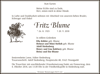 Traueranzeige von Fritz Blume von SYK