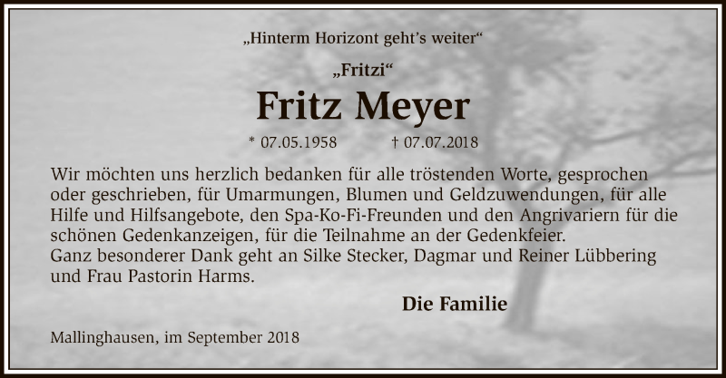  Traueranzeige für Fritz Meyer vom 14.09.2018 aus SYK