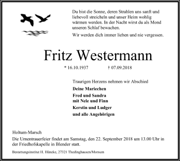 Traueranzeige von Fritz Westermann von SYK