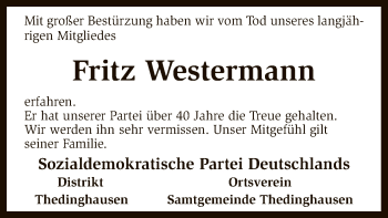 Traueranzeige von Fritz Westermann von SYK