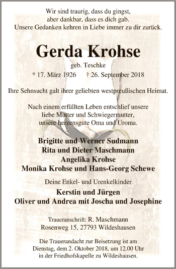 Traueranzeige von Gerda Krohse von SYK