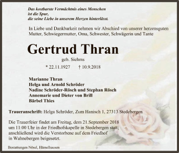 Traueranzeige von Gertrud Thran von SYK